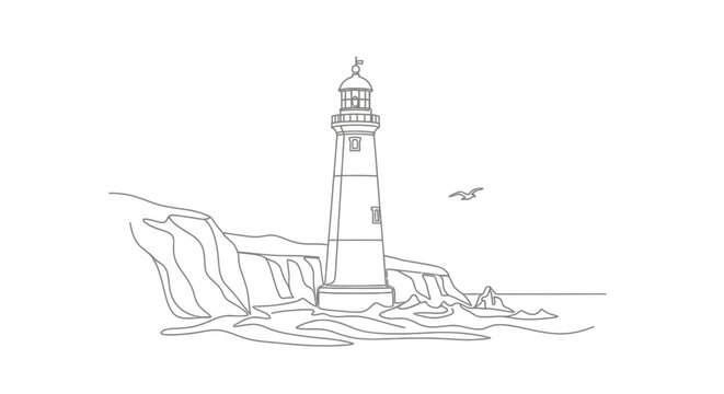 Minimalist lighthouse drawing on cliff edge with seagull and ocean waves
