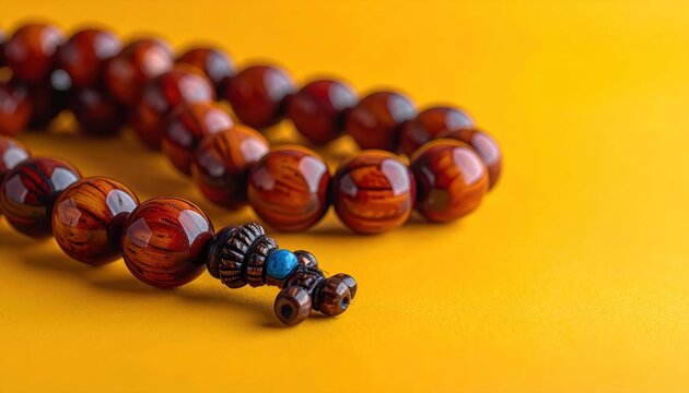 Close-up of prayer beads on a yellow background.