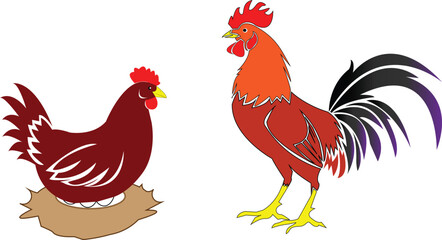 Colorful rooster and hen sitting on nest with eggs vector illustration © Amri Grafika