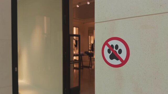 No pets sign mounted on light wall beside modern doorway with warm indoor lighting