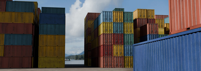 Fototapeta premium 3D Illustration of Stacked Colorful Shipping Containers at International Cargo Port Logistics Terminal