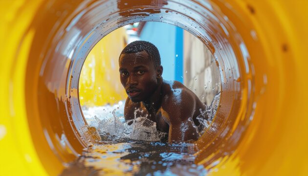 Thrilling water park adventure: Man emerges from a vibrant yellow waterslide tunnel
