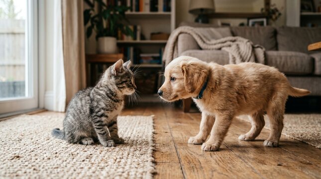 Adorable kitten and puppy playing together in cozy living room