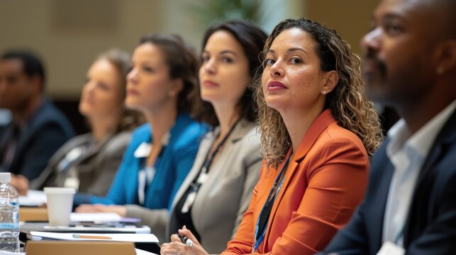 A group of diverse professionals attentively listen to a speaker during a conference. Several individuals are seated at a table with papers and water bottles.