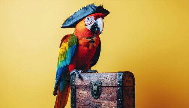 Vivid macaw pirate perched on a vintage treasure chest against a golden backdrop