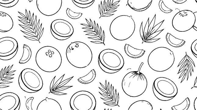 Hand drawn coconut and palm leaves illustration.