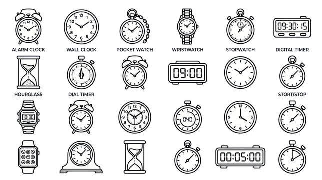Collection of Various Timekeeping Devices Icons: Clocks, Watches, Timers, Hourglasses