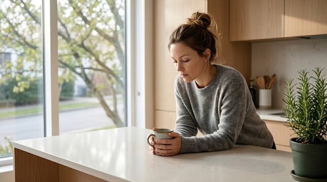 Tired woman drinking tea and looking sad at home