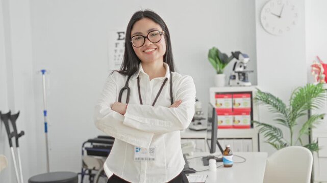 Woman doctor wearing stethoscope and glasses smiling with arms crossed, id badge visible in clinic building reception office; confidence compassion.