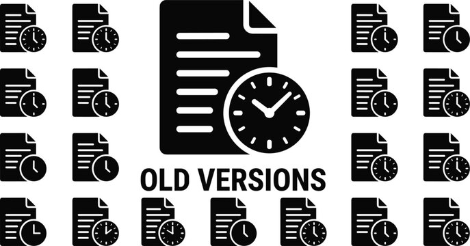 Old versions document icon with clock symbol for file history, time management and archival data tracking