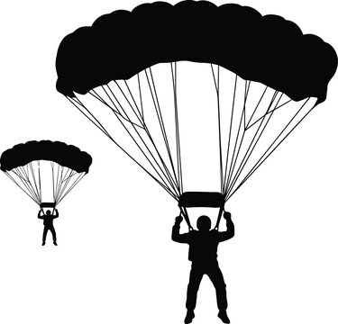 Paratroopers descending with parachutes, silhouette icons for extreme sports, skydiving adventure and military airborne training