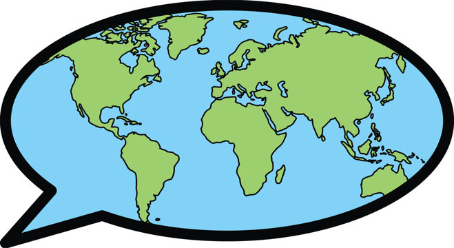 World map inside speech bubble icon for global communication, international talking concept, travel and language dialogue design