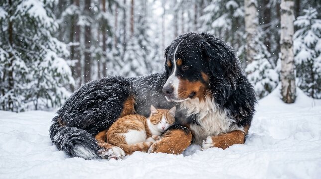 Bernese Mountain Dog and Cat Resting Together in Snowy Forest