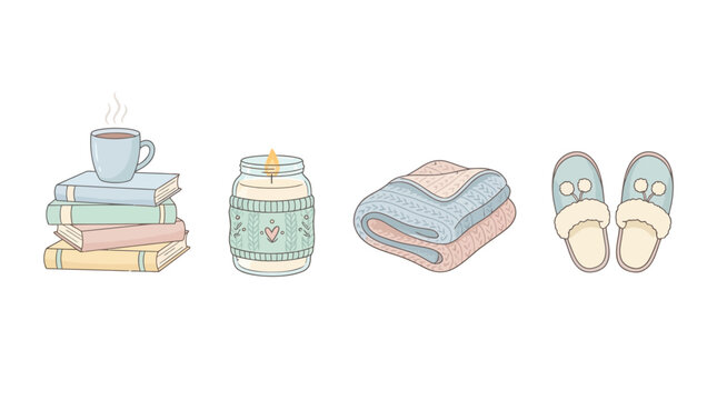 Cozy morning scene with steaming coffee cup on stack of books next to candle and folded blankets with baby shoes.
