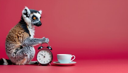 Fototapeta premium Whimsical lemur illustration embracing an alarm clock with a cup of tea on coral backdrop