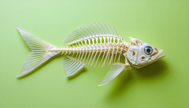 Intriguing composition featuring a fish skeleton against a minimalistic green background