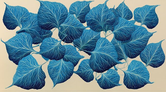 Continuous seamless pattern of stylized light blue leaves with fine curved vein lines, scattered foliage with slight overlaps and multi-directional layout, dynamic minimalist botanical print on plain 