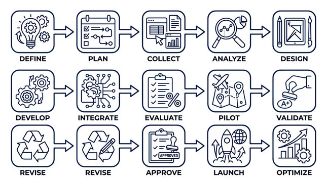 Business Process Flowchart: Define, Plan, Collect, Analyze, Design, Develop, Integrate, Evaluate, Pilot, Validate, Revise, Approve, Launch, Optimize