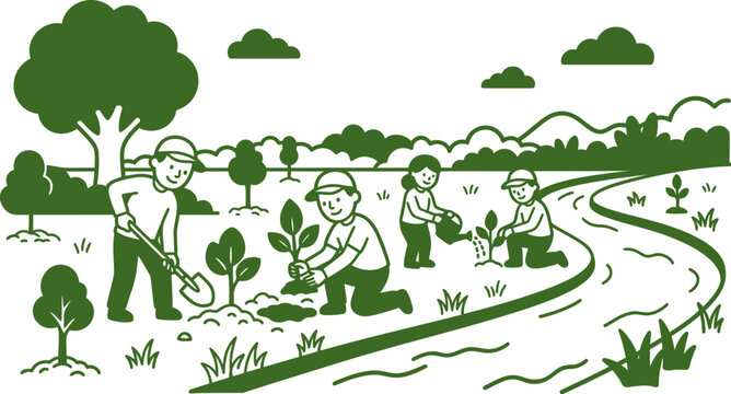 People Planting Trees for Reforestation and Environmental Conservation Illustration