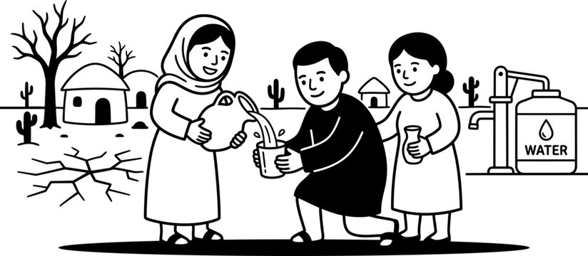 Family Sharing Water During Drought in Dry Village Illustration