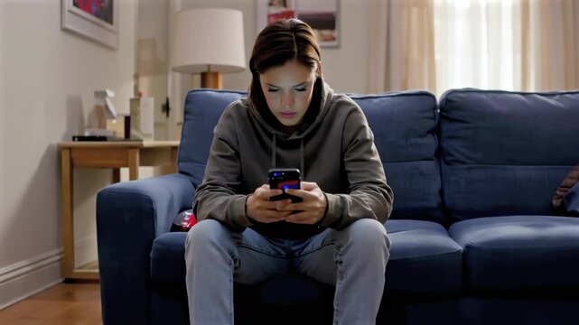 Female teen slouched sofa surrounded snacks, hoodie and jeans, chip bags scattered on rug, phone glow on face, late night scrolling, distracted expression, messy living room, isolation