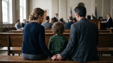 Obraz premium Family sitting together in a courtroom with a child between parents during a legal hearing and custody case