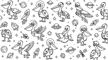 Fototapeta premium Whimsical pelican and space themed line art pattern.