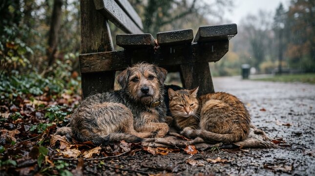 Stray dog and cat cuddling under park bench on rainy day