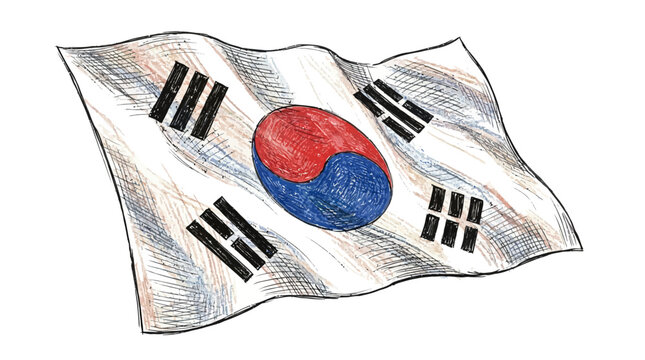 The South Korean flag waves in the wind with vibrant colors and dynamic movement.