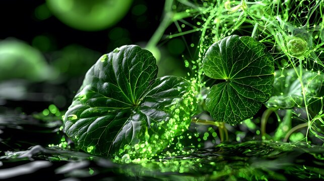 Centella Asiatica Leaf Surrounded by Botanical Serum Drops, Bioactive Extract for Skin Repair and Hydrating Skincare Technology