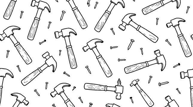 Scattered hammers and nails in black and white illustration.