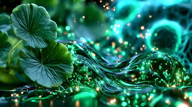 Centella Asiatica Leaf Surrounded by Botanical Serum Drops, Bioactive Extract for Skin Repair and Hydrating Skincare Technology