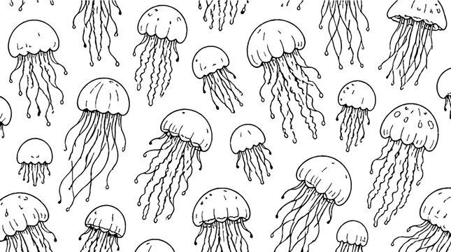 Detailed black and white jellyfish pattern design.