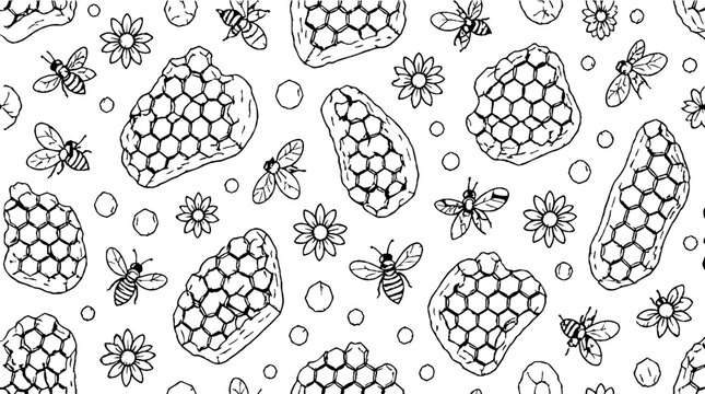 Detailed black and white honeycomb and bee illustration pattern.