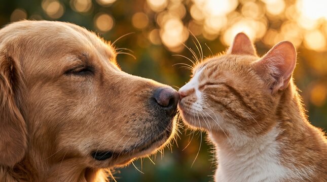 Golden retriever and ginger cat sharing a tender moment outdoors