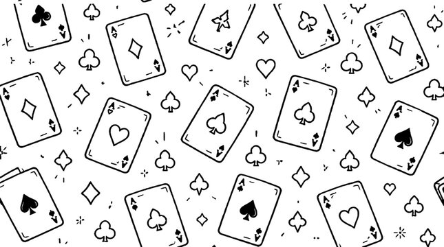 Scattered playing cards with hearts spades diamonds clubs.