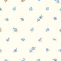 Obraz premium Cute blue daisy flower seamless pattern on cream background. Vintage ditsy floral vector illustration for textile, fabric, wallpaper, wrapping paper, nursery decor and fashion design.