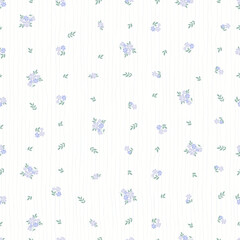 Obraz premium Soft lavender flower seamless pattern on white striped background. Delicate ditsy floral vector illustration for baby fabric, textile, wallpaper, wrapping paper, nursery and cottagecore decor.