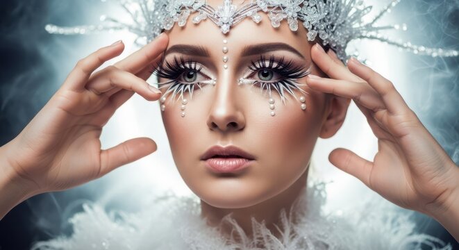 Glamorous winter fairy woman with extravagant lashes and frosted headdress