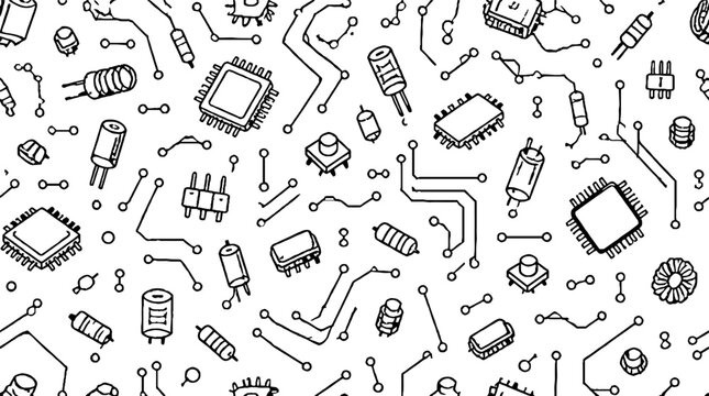 Detailed electronic components and circuit board elements illustration.