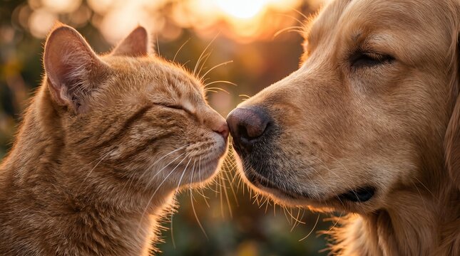 Golden retriever and tabby cat sharing a tender moment at sunset