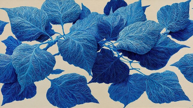 Continuous seamless pattern of stylized light blue leaves with fine curved vein lines, scattered foliage with slight overlaps and multi-directional layout, dynamic minimalist botanical print on plain 