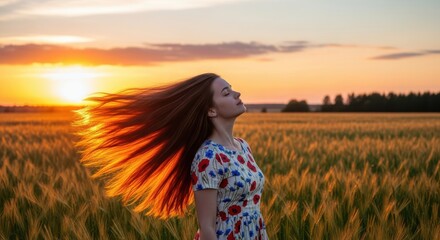 Obraz premium Golden hour serenity young woman enjoying a wheat field sunset serene natural beauty