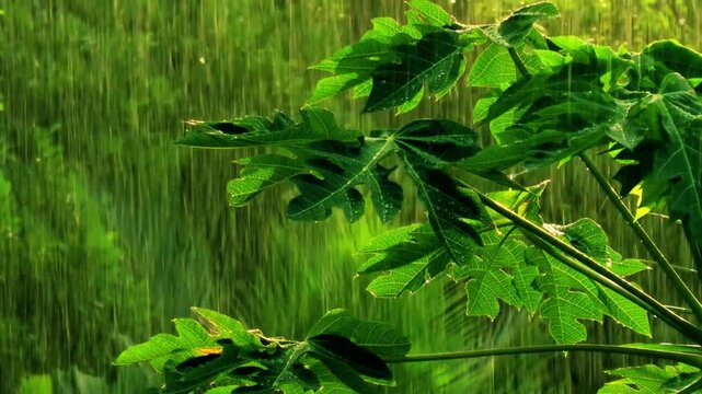 Papaya Leaves in Heavy Rain Tropical Nature Background