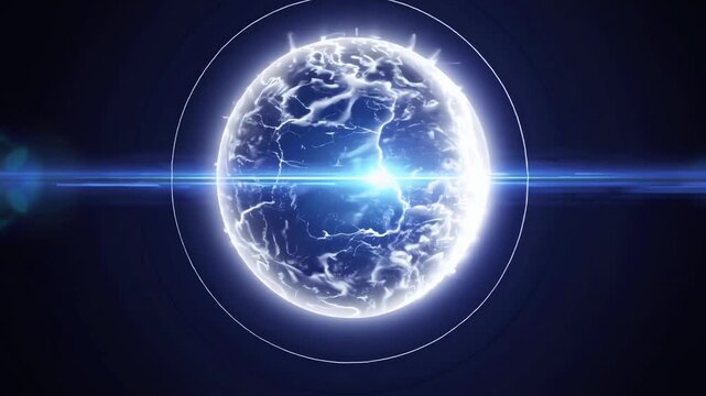 Shining display of a glowing energy planet bursting with electric power lines across a dark space revealing radiant global sphere that flashes with bright blue light flares during mighty cosmic spark