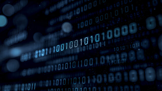 Strings of binary code floating in a dark room, blurred selective focus with sharp foreground numbers and soft bokeh background, blue monochrome color palette, deep dark background.
