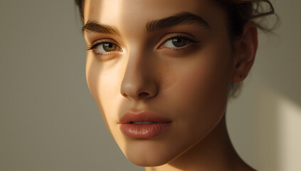 Fototapeta premium Close Up Portrait of a Young Woman with Sparkling Face Makeup and Warm Sunlight