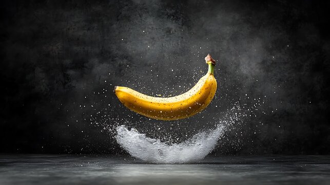 Fresh banana in mid-air, water splash