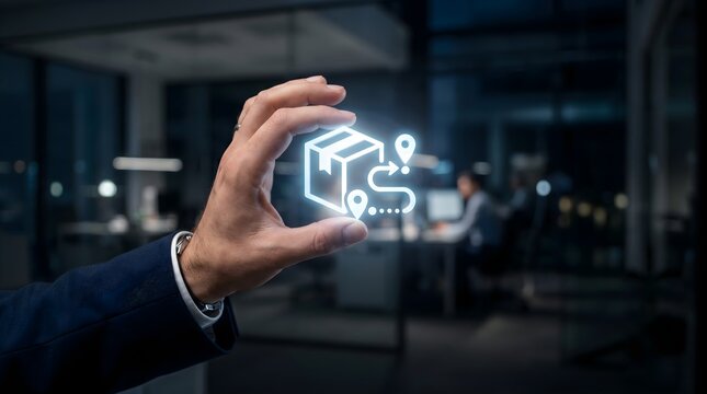 Smart Logistics and Package Tracking Technology with Digital Delivery Route Interface in Modern Business Office