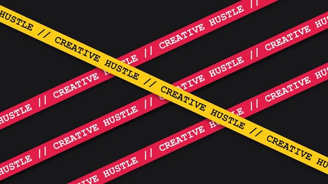 Kinetic Motion Graphic of Red and Yellow Creative Hustle Tapes Sliding on Black Background